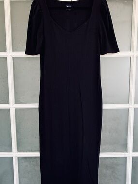 Gap Ribbed Black Midi Dress | Puff Sleeve | Tall | Size Large